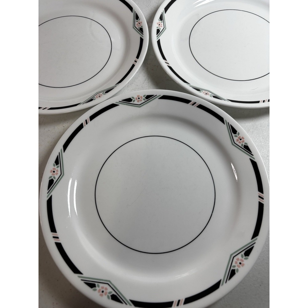 Corelle ZENITH Dinner Plates 10 1/4" White Black Trim Pink Flower Set of 4 - Picture 2 of 8